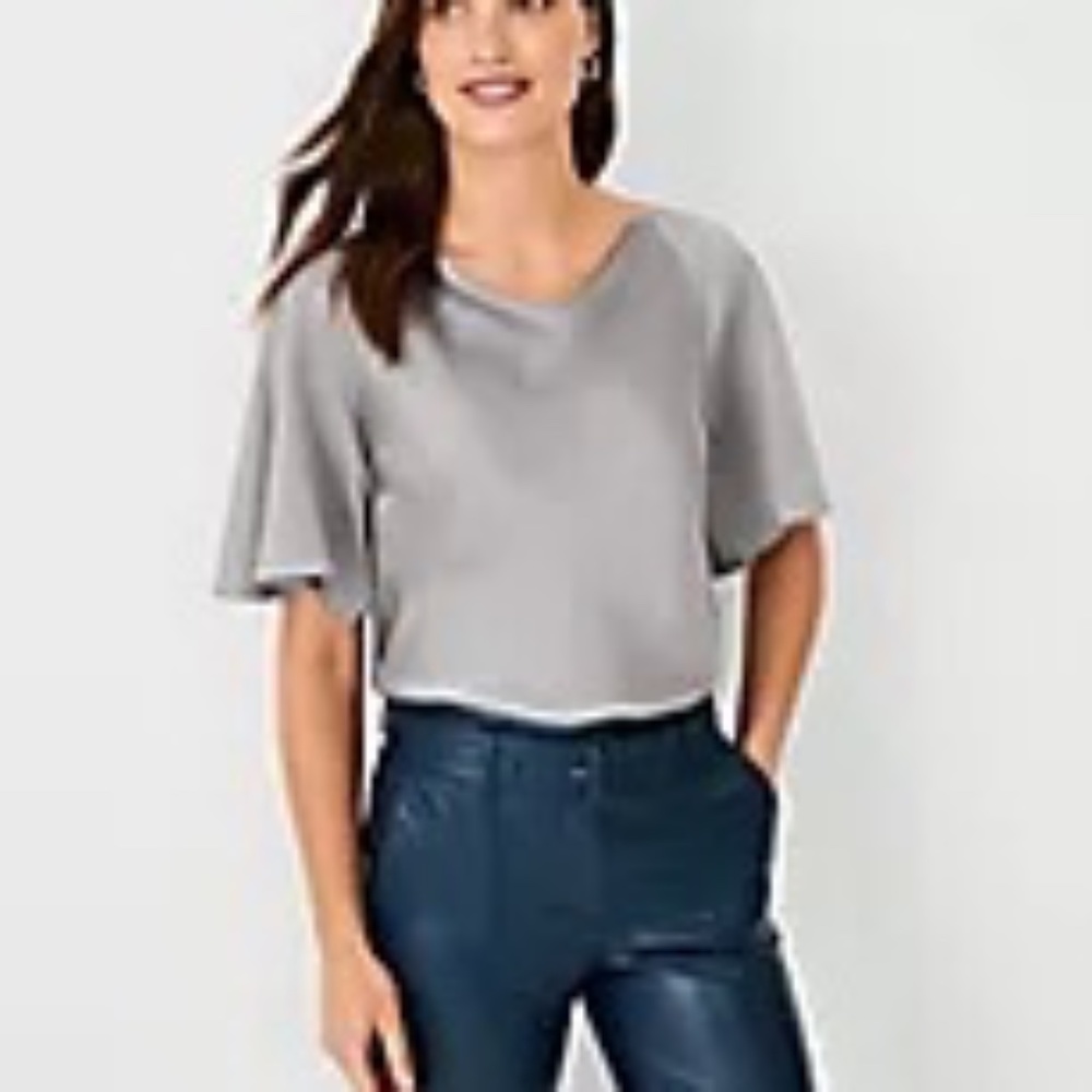 Ann Taylor Chic Cowl Neck Empire Grey Silver Satin Flounce Sleeve  Top SZ XXL